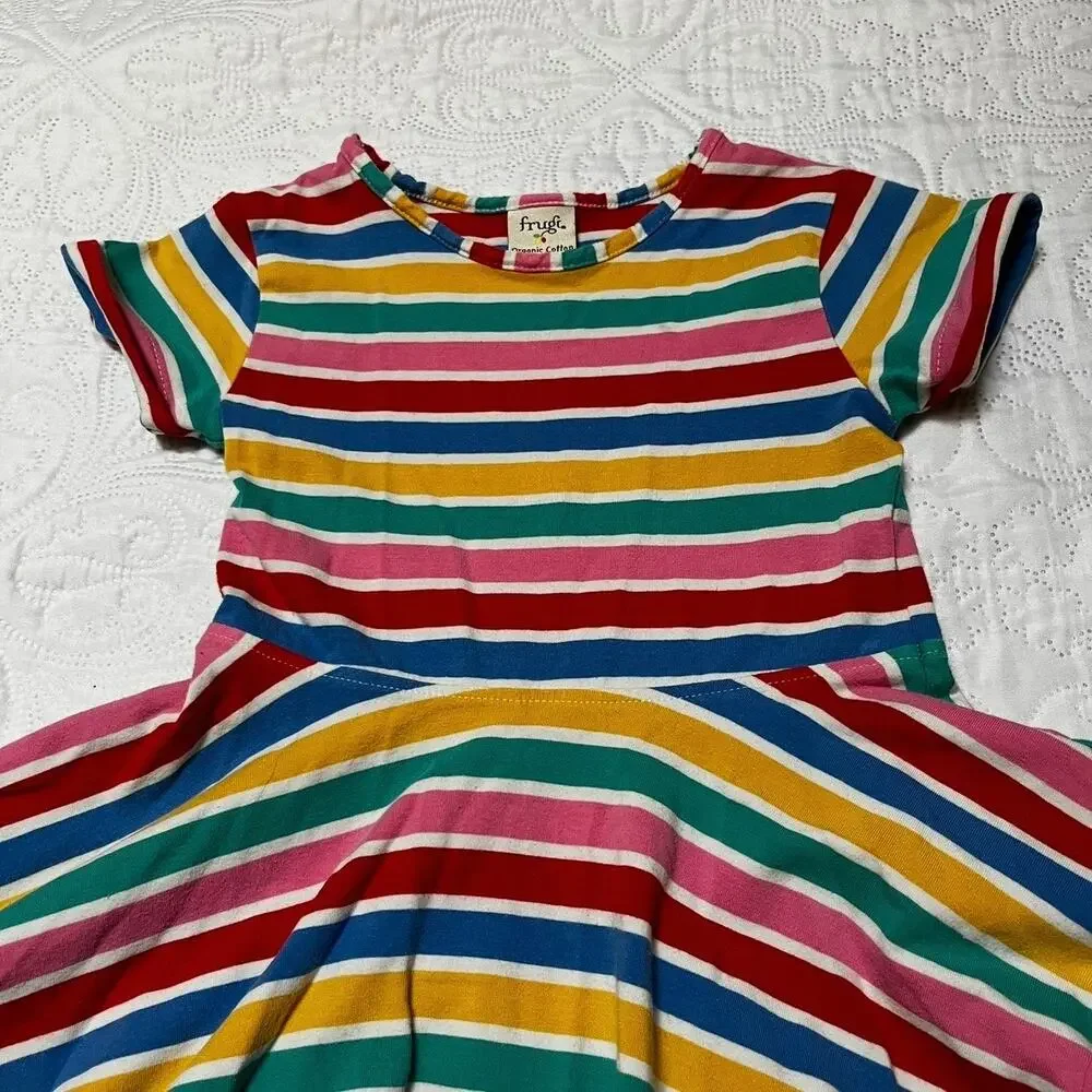 Frugi Spring Rainbow Stripe Organic Cotton Skater Dress Size 5/6